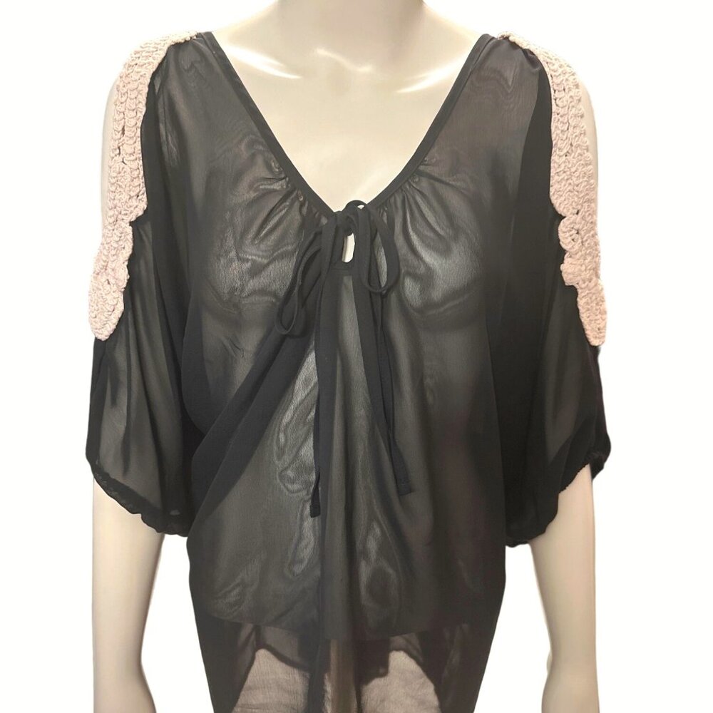 American Dream Black Sheer Cover Up Tunic Crochet Shoulders Lace Detail Size 2X